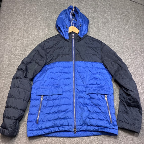 Uniqlo x Theory t.down Hooded Puffer Jacket Mens Medium Blue Black Colorblock
